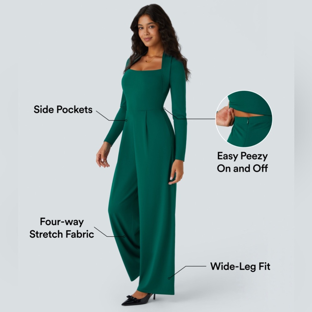 Long Sleeve “Easy-Peasy” Wide Leg Jumpsuit W/Invisible Zipper NEW